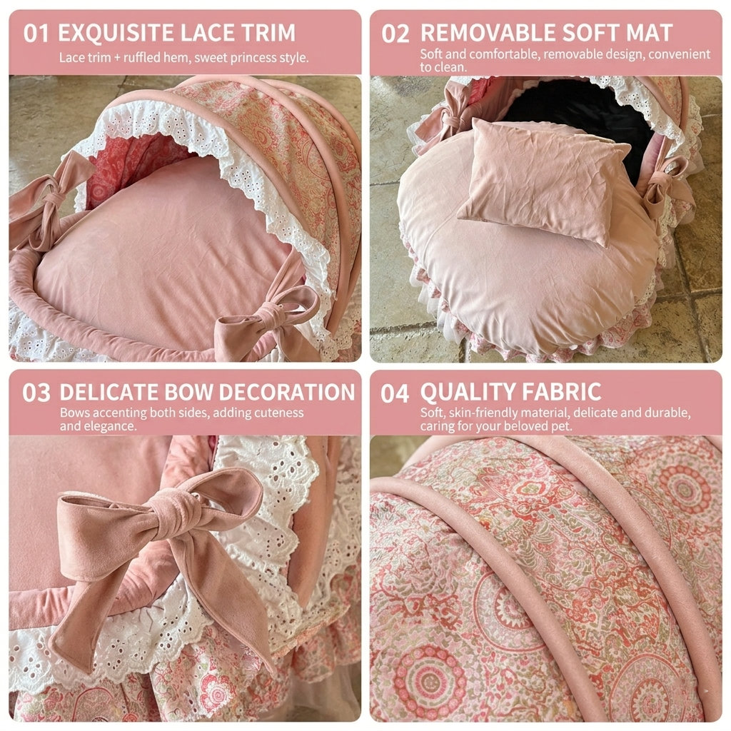 Pink Princess Canopy Dog Bed with Cushion
